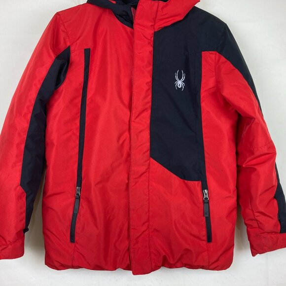 Spyder Youth Boys L 14 / 16 Hooded Ski Snow Winter Jacket Logo Zip Pockets - Picture 3 of 9